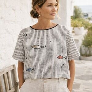 Hand Painted Fish Art Top Size Medium Linen Blend Boxy Crop Artsy Nautical Shirt